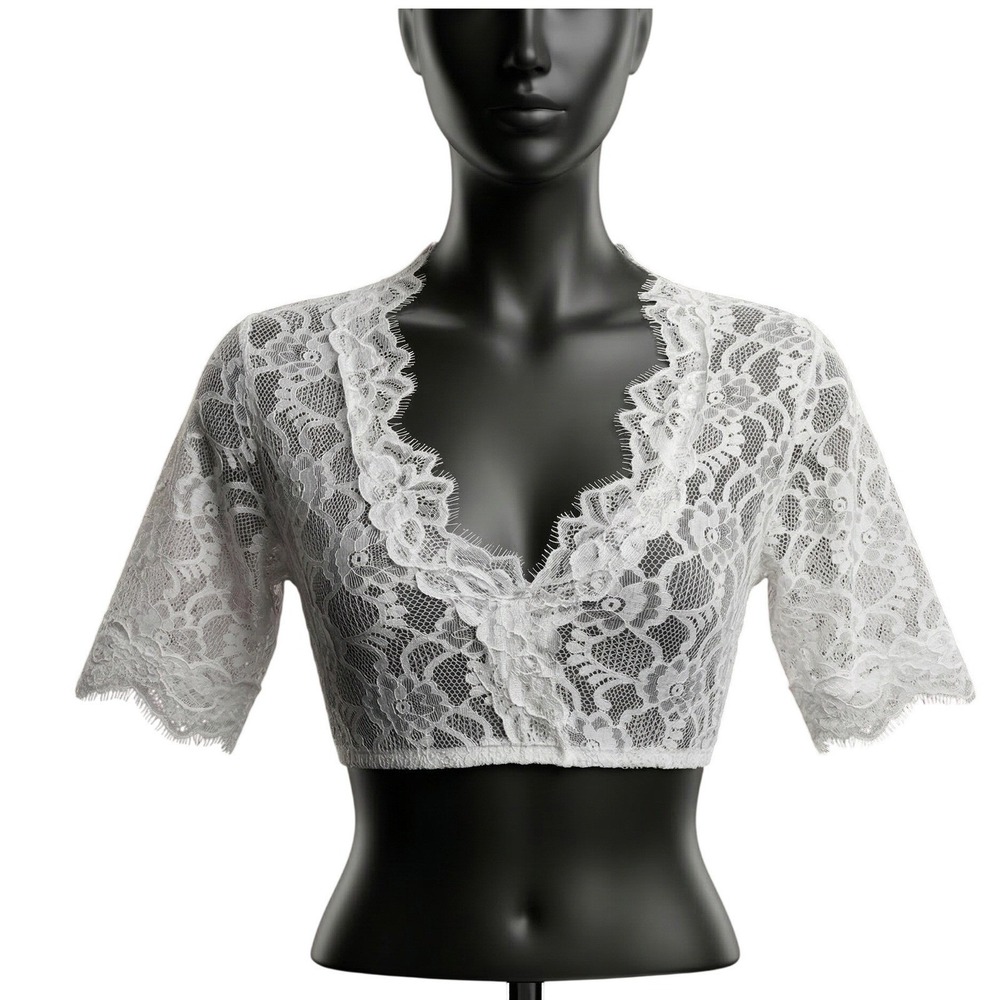New 3XL White Lace Dirndl Blouse Undershirt Top Stretchy V Neck Crop